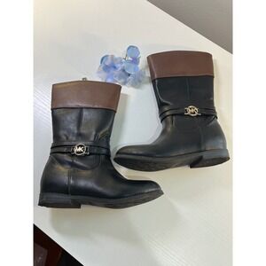 Michael Kors Kids Black Brown Two Tone Riding Boots Gold MK Logo Zip Up